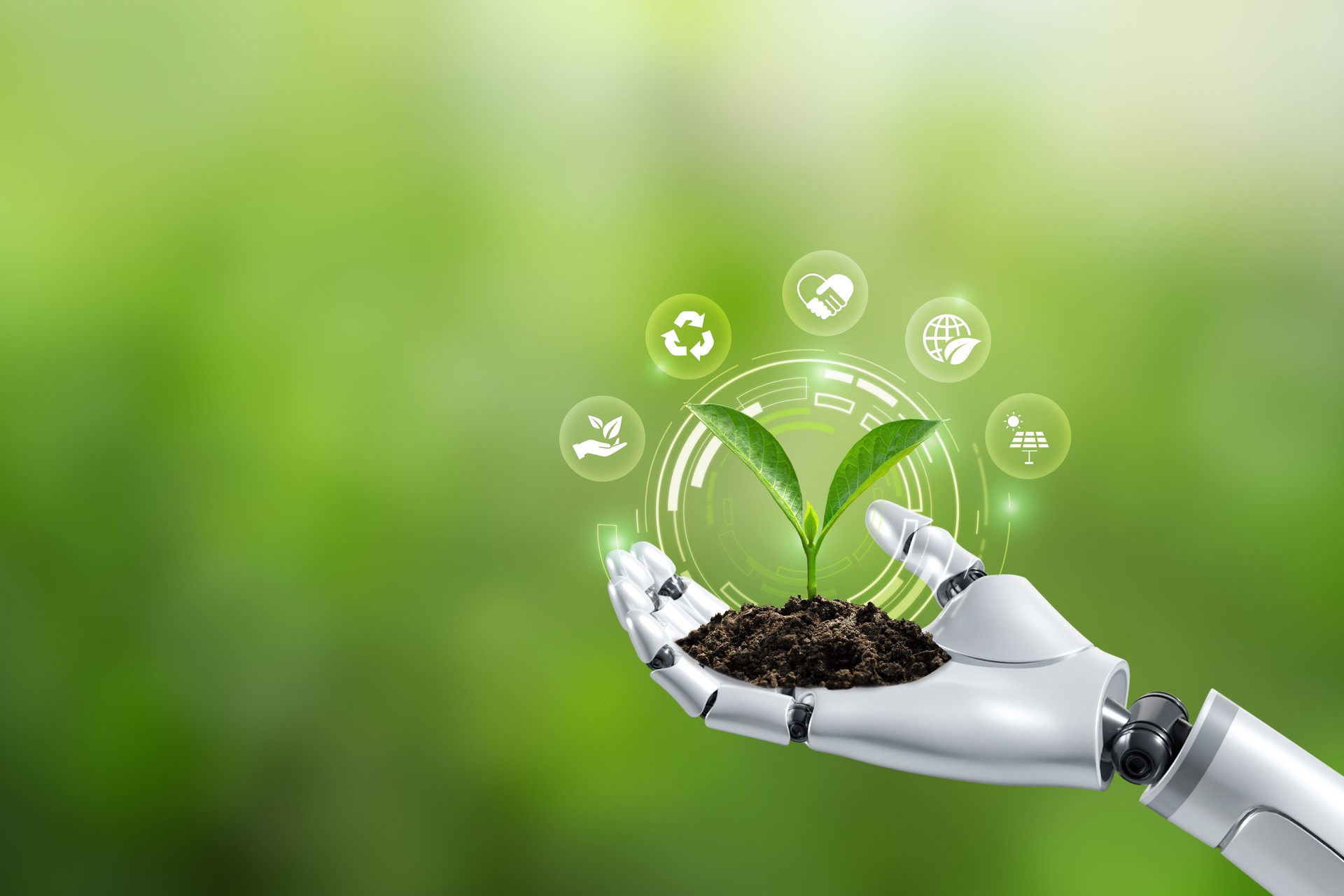 Environmental technology concept. Robot hand holding small plants with Environment icon.Artificial Intelligence and Technology ecology. Green technology and Environmental technology.SDGs.Ai.