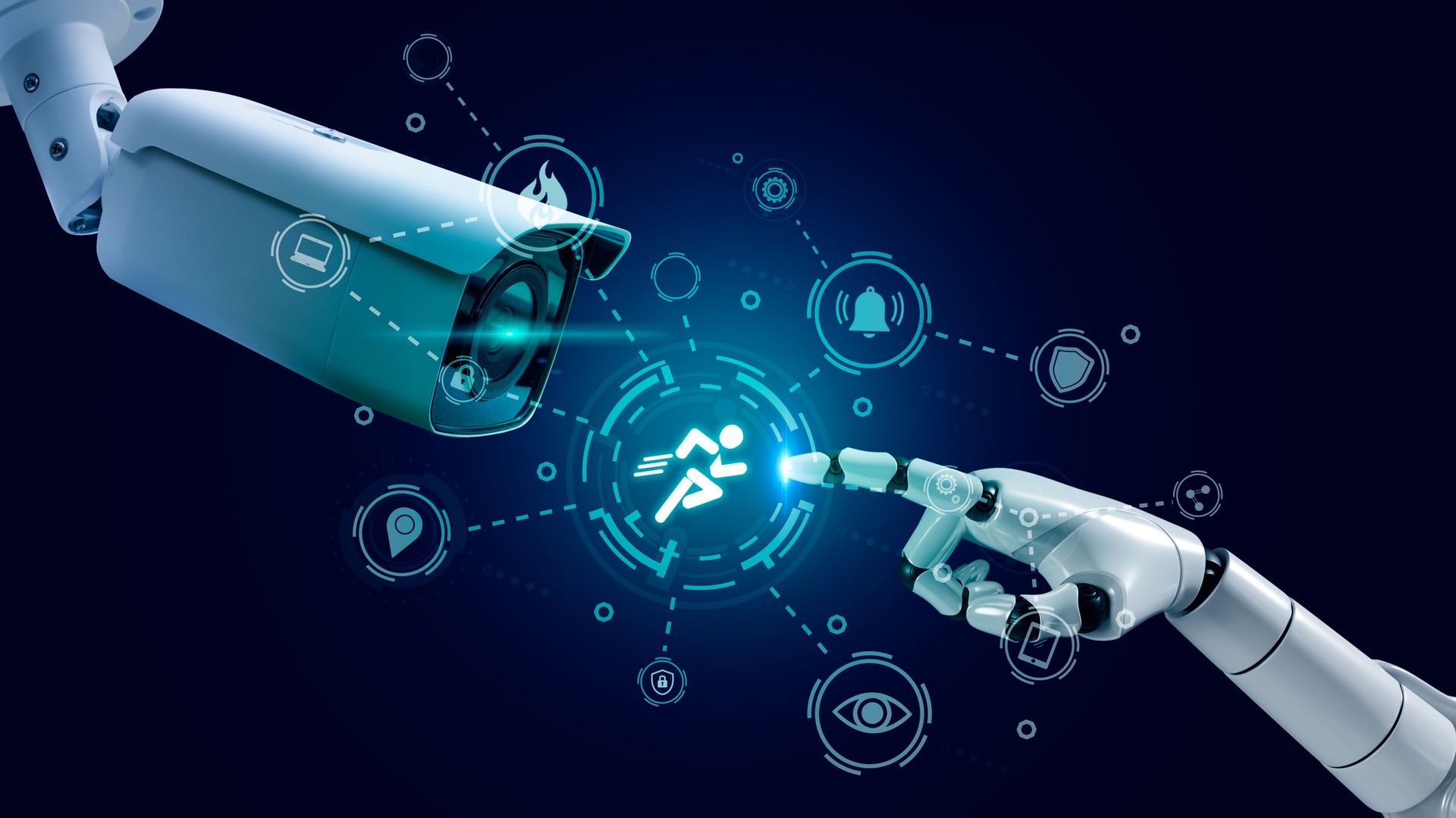 robotic hand interacting with a security camera, surrounded by various icons that symbolize different aspects of security and surveillance