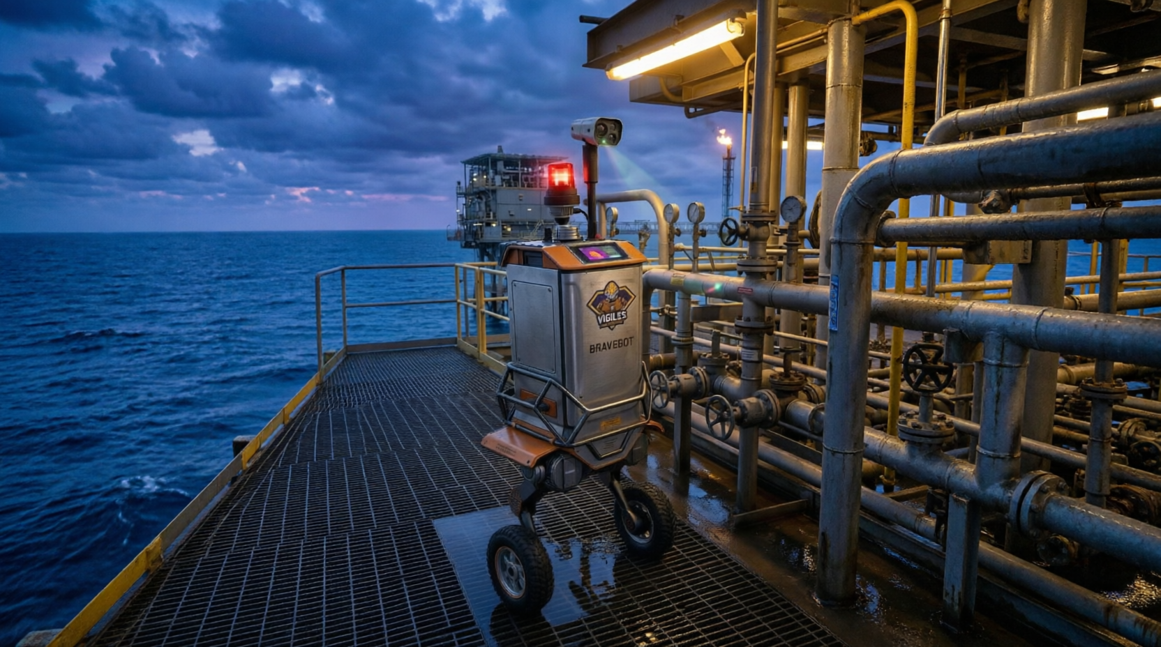 Autonomous BraveBot robot operating on an offshore oil platform